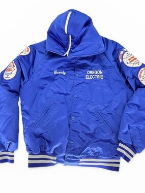 Vintage 1988-1990 satin varsity hooded softball Electric Blue Bomber Jacket